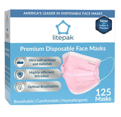 Litepak 125-Pack Disposable Face Mask Premium Comfort Earloops with Dispenser Box (Pink)