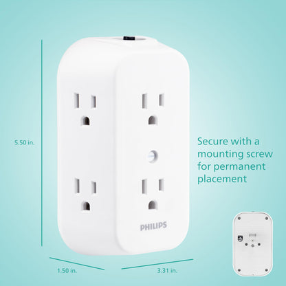 Philips 6-Outlet Extender, Grounded Wall Tap, Reset Button, Circuit Breaker, Adapter Spaced Outlets, 3-Prong, Multiple Plug, Quick and Easy Install, Cruise Essentials, ETL Listed, White, SPS1460WA/37