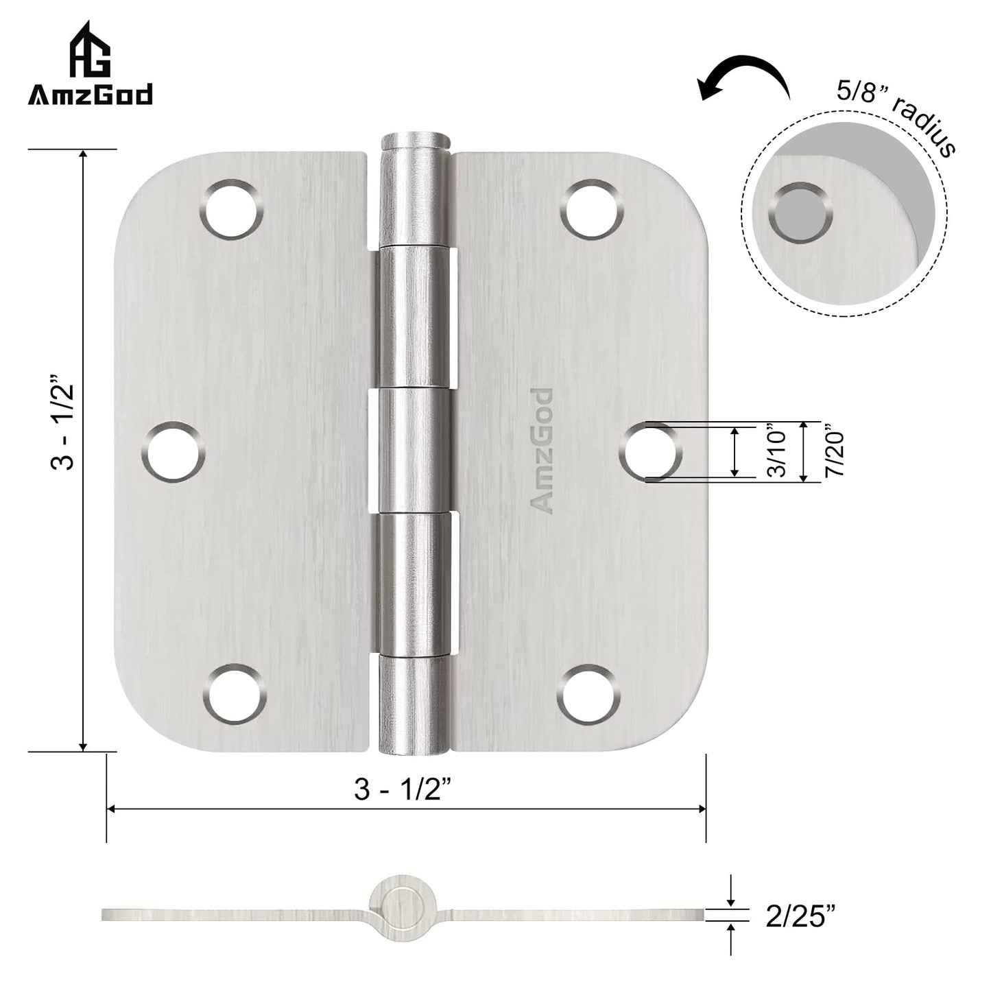 AmzGod Door Hinges Brushed Nickel - 3 Pack Satin Nickel 3.5 Inch Rounded Interior Door Hinges with 5/8" Radius - Flat Iron Residential Standard 3 1/2 Inches Silver Door Hardware