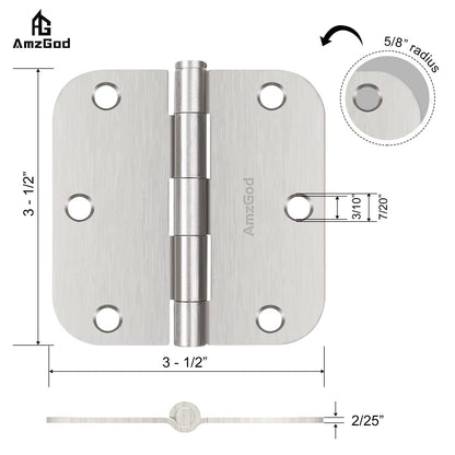 AmzGod Door Hinges Brushed Nickel - 3 Pack Satin Nickel 3.5 Inch Rounded Interior Door Hinges with 5/8" Radius - Flat Iron Residential Standard 3 1/2 Inches Silver Door Hardware