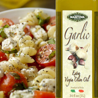 Mantova Garlic Extra Virgin Olive Oil (EVOO) - Cold-Pressed, Premium Quality, Imported from Italy - Perfect for Topping Salads, Vegetables, Pasta Salad, Dipping Italian Bread, or Pan-Frying (Pack of 1)