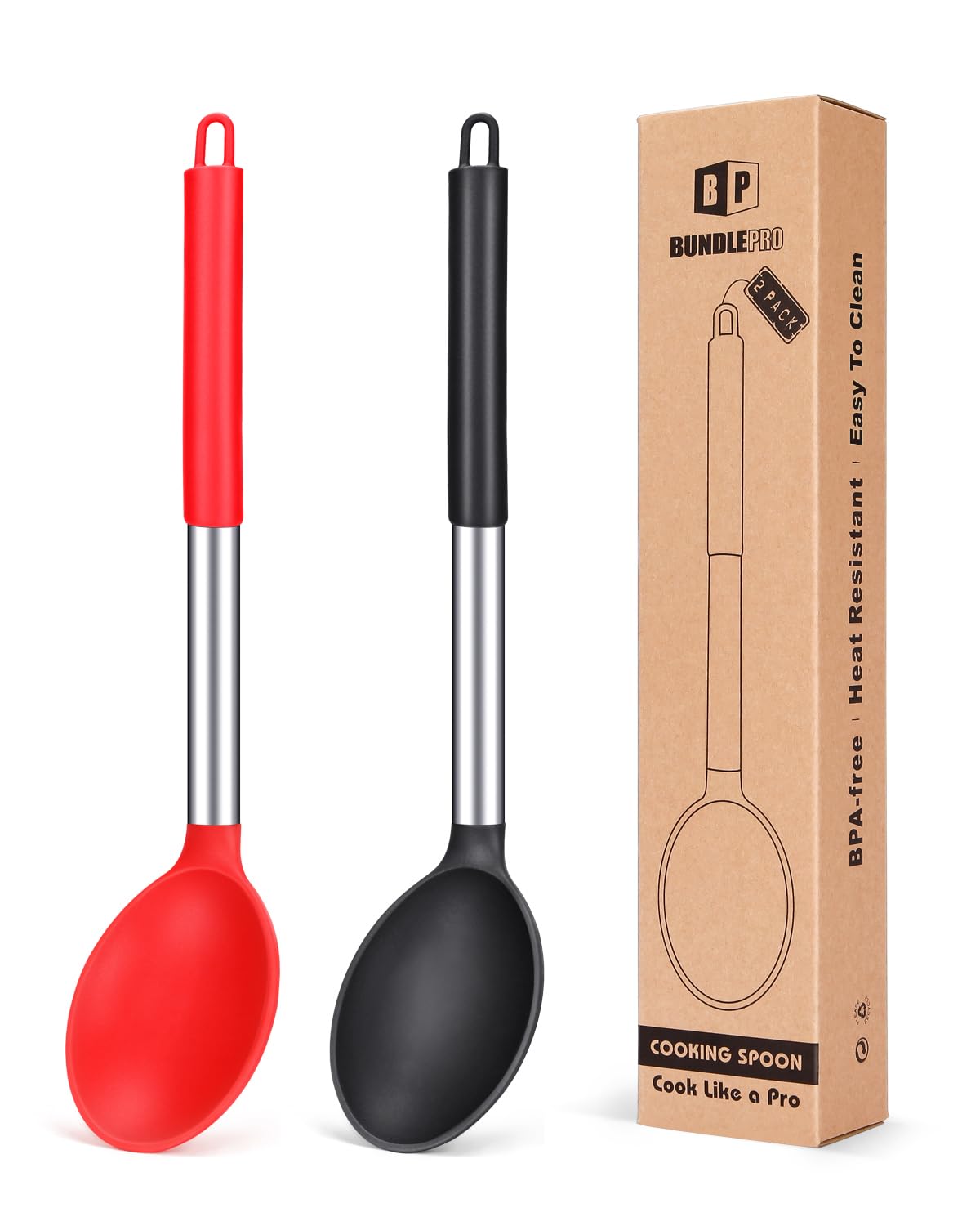 Pack of 2 Large Silicone Cooking Spoon Non Stick Solid Basting Spoons Heat-Resistant Kitchen Utensils for Mixing Serving (Black-Red)