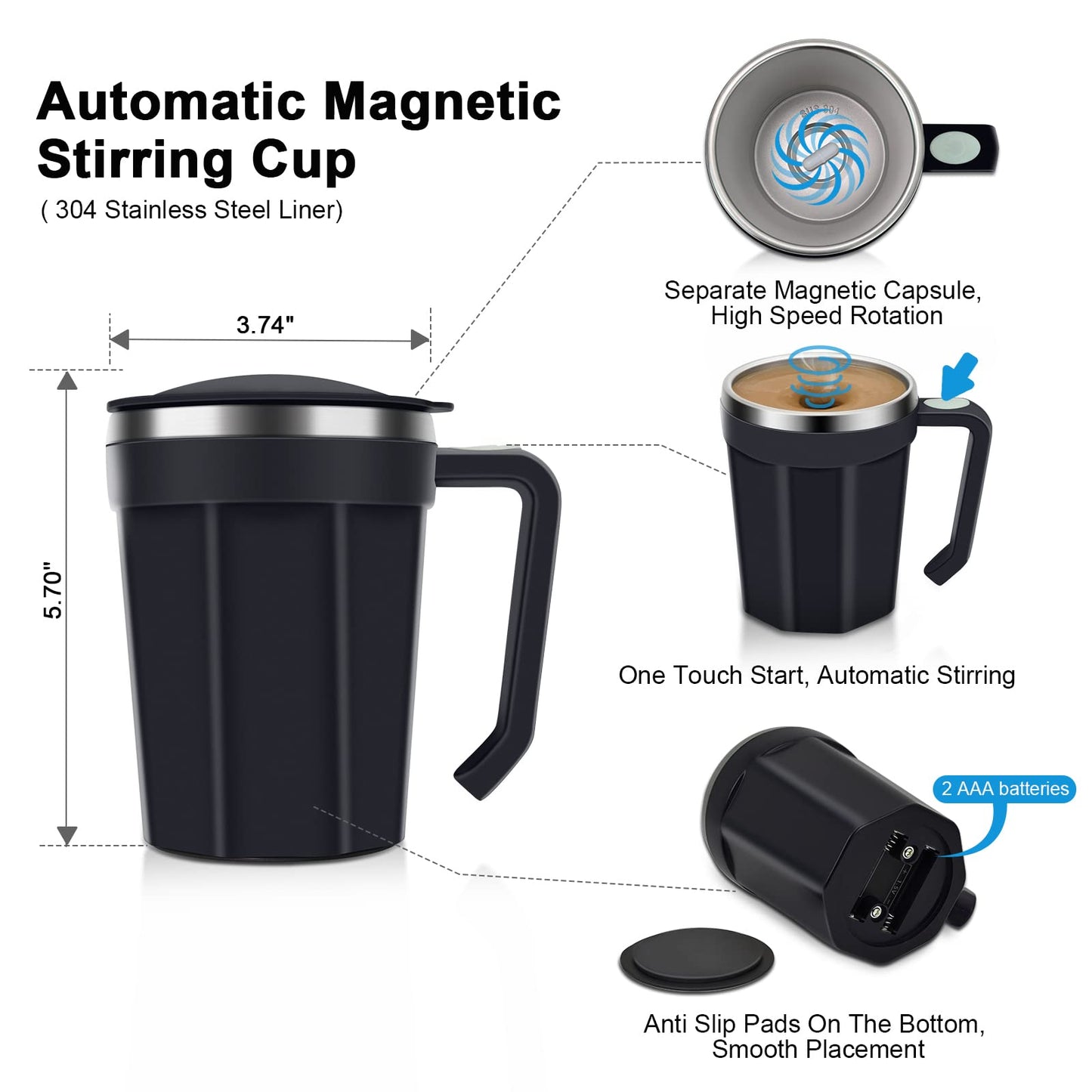 LeadYuantop Self Stirring Coffee Mug, 18 oz Automatic Magnetic Electric Mixing Cup Stainless Steel Travel Cup for Coffee, Chocolate, Milk, Tea, Office, Home, Kitchen (Deep Navy)