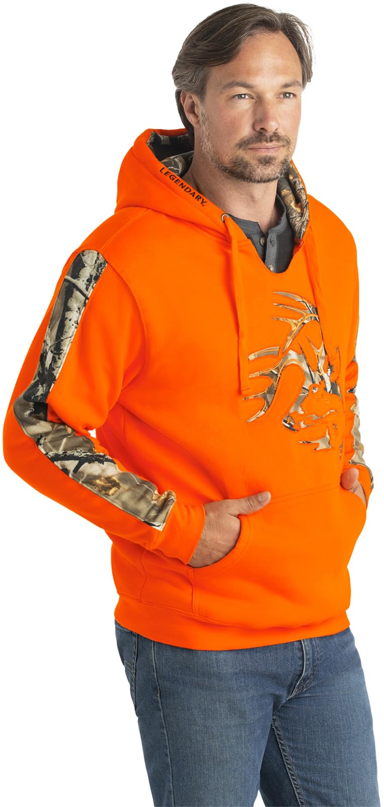 Legendary Whitetails Men's Camo Hoodie Pullover Sweatshirt Midweight V-Neck Design, Inferno, X-Large