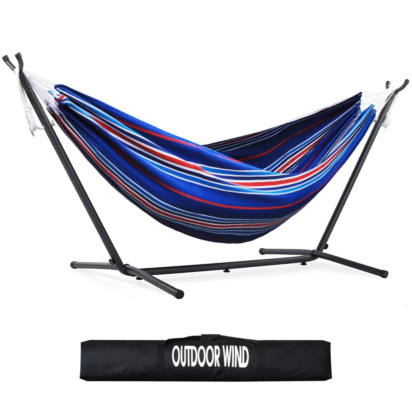 OUTDOOR WIND 550lbs Capacity Double Hammock Adjustable Hammock Bed with 10ft Heavy Duty Steel Stand Includes Portable Carrying Case, Easy Set up Blue Pinstrip B