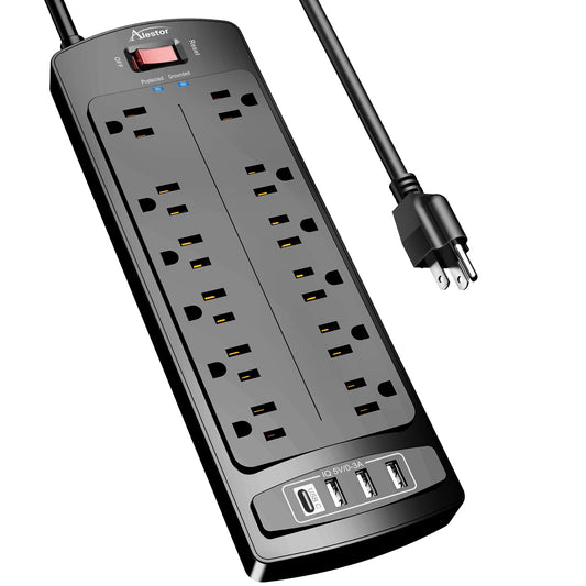 Power Strip, ALESTOR Surge Protector with 12 Outlets and 4 USB Ports, 6 Feet Extension Cord (1875W/15A), 2700 Joules, ETL Listed, Black