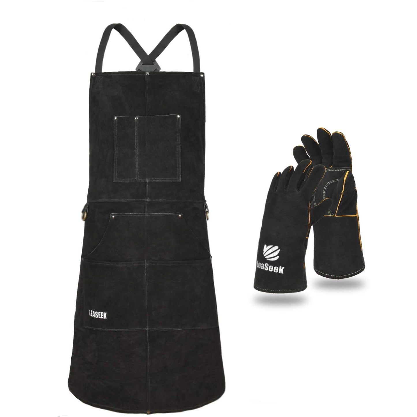 Leather Work Apron with Gloves - 6 Tool Pockets for Men& Women - Welding Apron - Ideal for Woodworking, Blacksmithing, Gardeners, Mechanics, BBQ - Adjustable M to XXXL