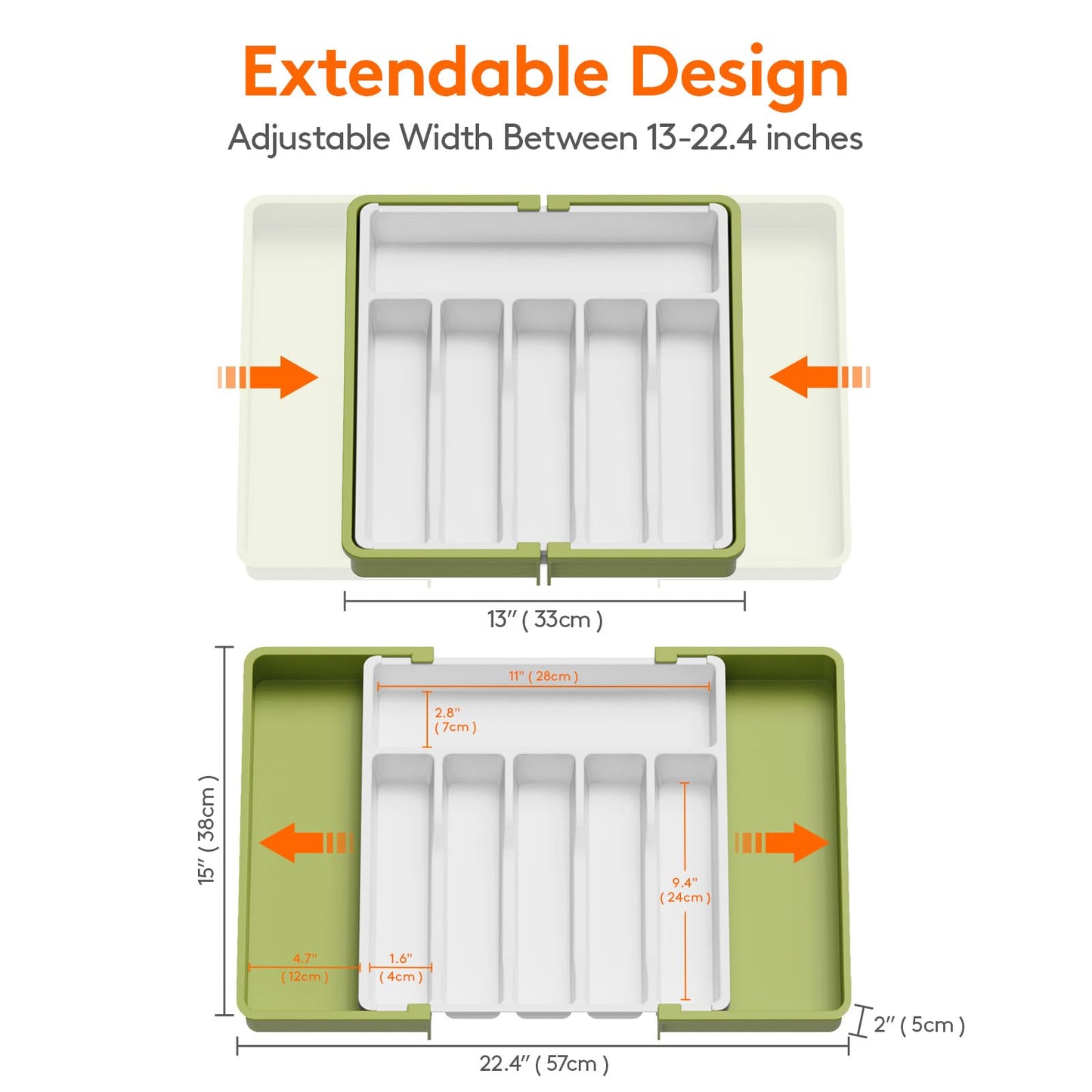 Lifewit Silverware Drawer Organizer, Expandable Utensil Tray for Kitchen, BPA Free Flatware and Cutlery Holder, Adjustable Plastic Storage for Spoons Forks Knives, Large, Green&White