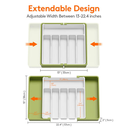 Lifewit Silverware Drawer Organizer, Expandable Utensil Tray for Kitchen, BPA Free Flatware and Cutlery Holder, Adjustable Plastic Storage for Spoons Forks Knives, Large, Green&White