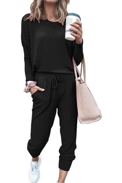 PRETTYGARDEN Women Fall 2 Piece Lounge Outfit Long Sleeve Tops High Waisted Jogger Pants Set Spring Travel Clothes Tracksuit (Black,Small)