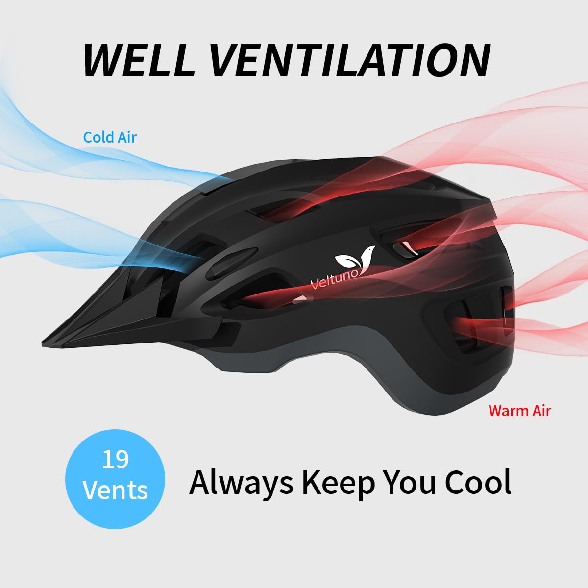 Veltuno Bike Helmet for Adults, Lightweight Mountain Bicycle Helmet with USB Rechargeable LED Rear Light, Removable Sun Visor for Women, Men, Suitable for Cycling and Commuting (Black, Medium)