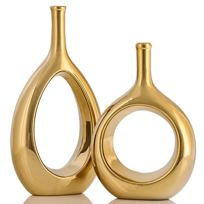 Glossy Gold Ceramic Vase Set 2,Modern Hollow Circle with Hole Flower Vase for Home Decor,for Table Centerpieces,Farmhouse,Fire Place,Living Room,Bedroom,Office,Bookshelf,Rustic Decor