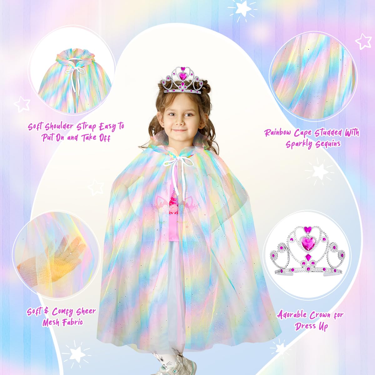 Meland Princess Dress Up for Girls - Dress Up Clothes for Little Girls with Cape, Princess Toys for Girls Age 3,4,5,6 Year Old, Christmas Birthday Gift for Toddler Girls Halloween Role Play