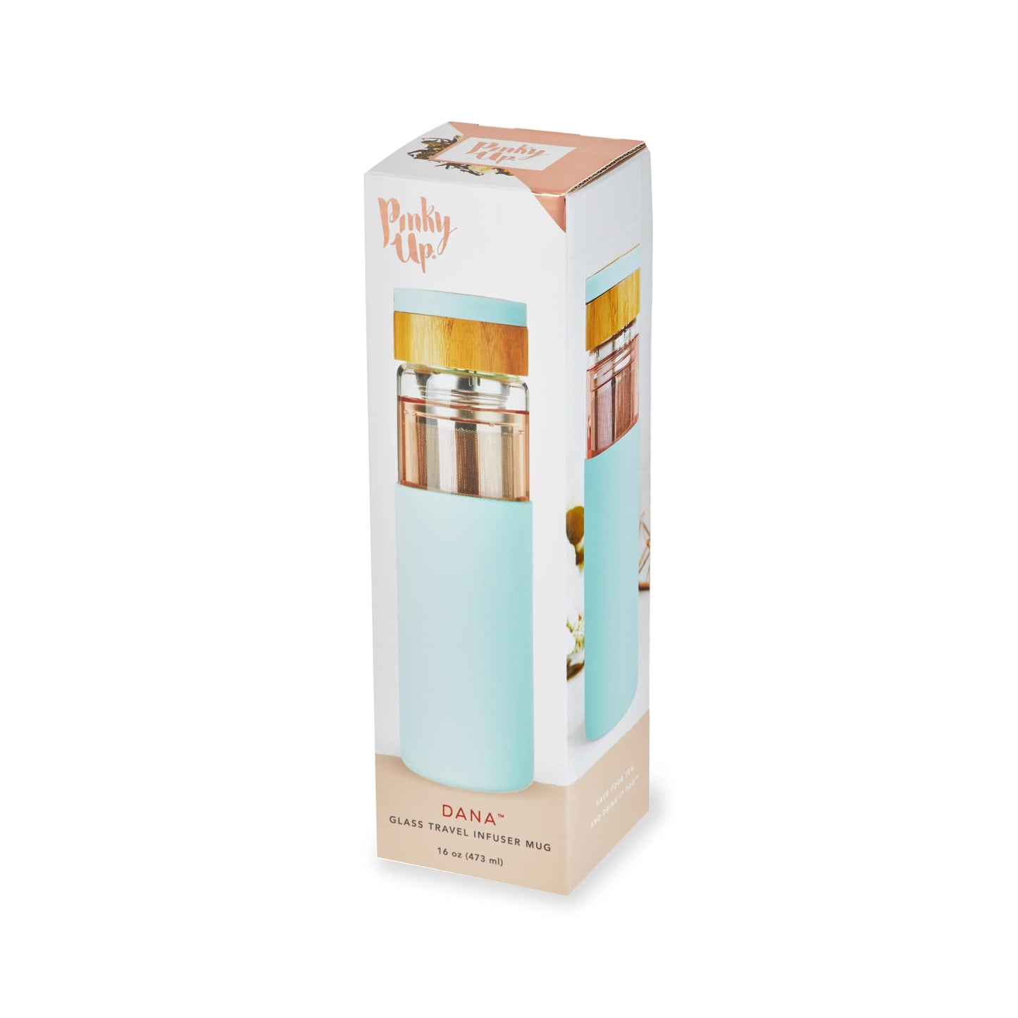 Pinky Up Dana Tea Infuser Mug with Strainer and Lid, Insulated Glass Tumbler for Home Office, Travel, Picnic, Camping, 16 oz, Set of 1, Blue