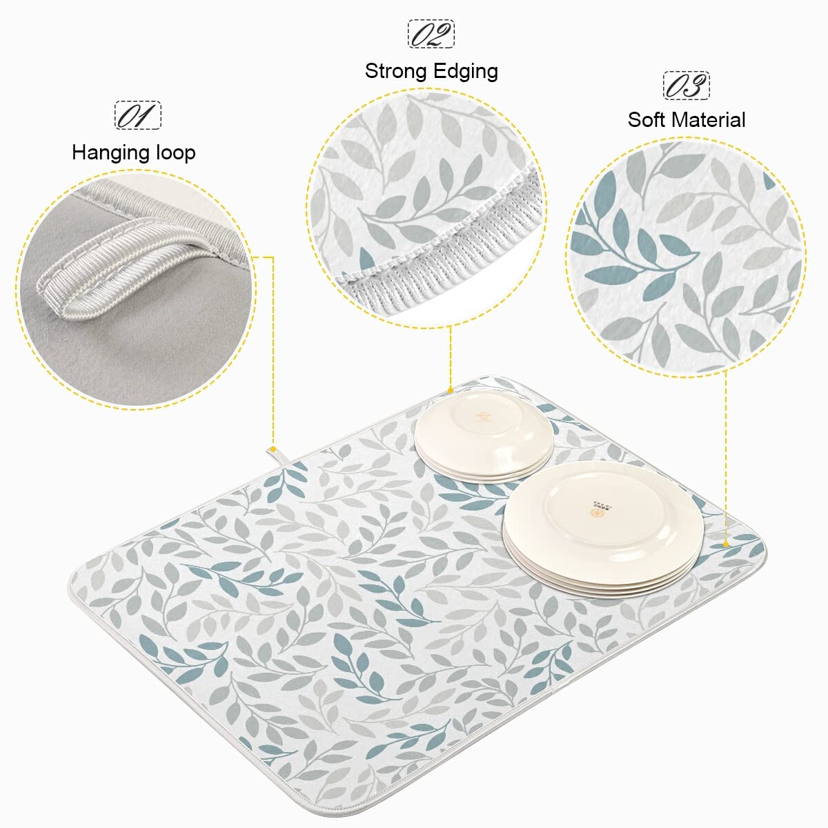 Grey and Blue Leaves branches Dish Drying Mat 18x24 for Kitchen Gray Leaves Botanical Spring Flowers Dishes Pad Dish Drainer Rack Mats Absorbent Fast Dry Kitchen Accessories