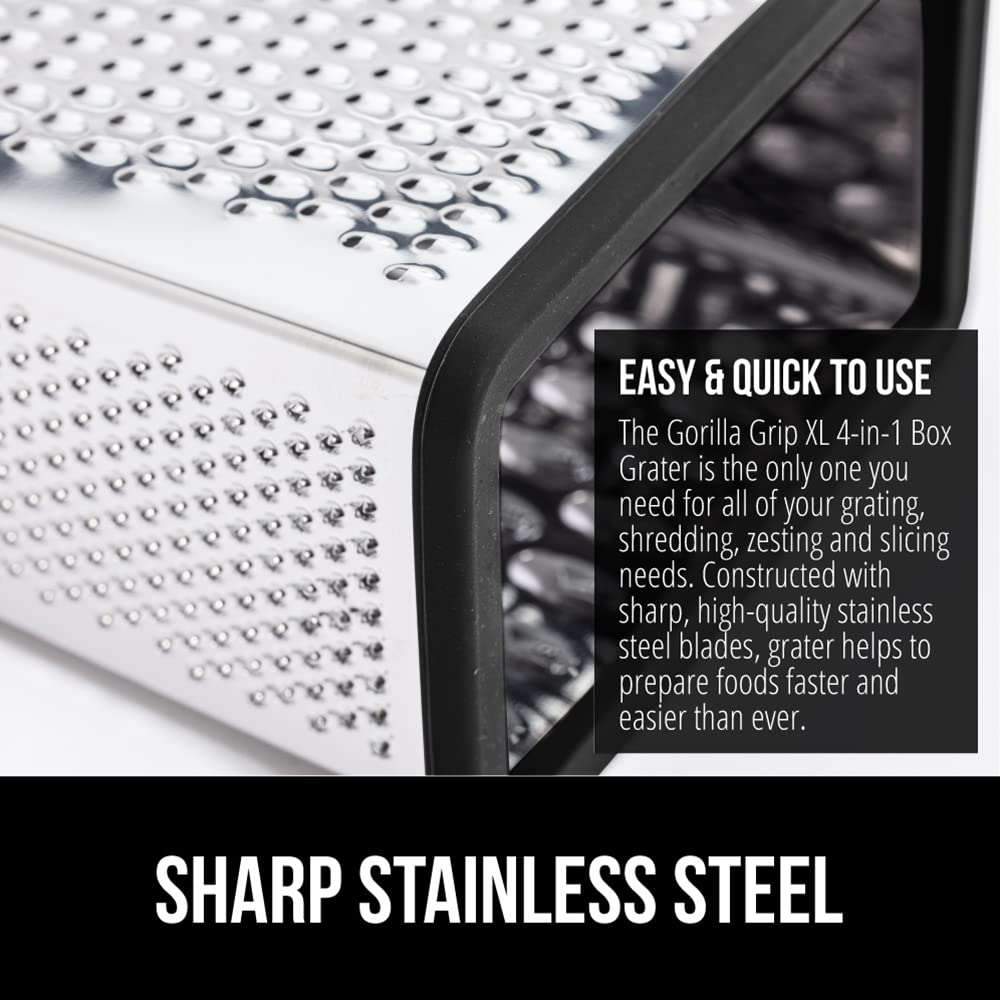 GORILLA GRIP XL 4-Sided Cheese Grater With Container, 100% BPA-Free Stainless Steel Box Graters, Parmesan Shredder, Grate Cheeses, Shred Veggies, Slip Resistant Handle, Dishwasher Safe Zester, Black