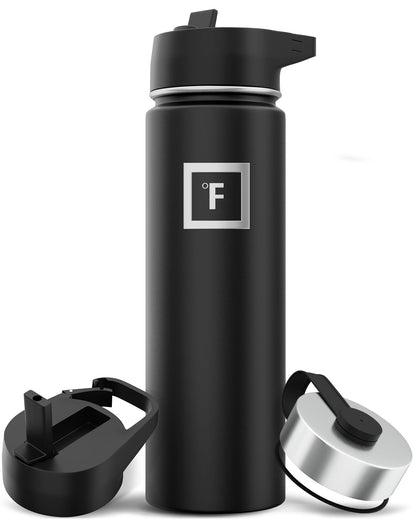 IRON °FLASK Camping & Hiking Hydration Flask with 3 Lids - Stainless Steel, Double Walled & Vacuum Insulated Water Bottle - Leak Proof & BPA Free (Midnight Black, Straw - 22 oz)