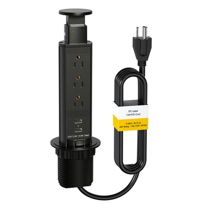 Pop Up Electrical Outlet for Countertop, Recessed Power Strip with 3 AC Outlet & 2 USB Ports,2.5" Hole Pull Pop Up Socket Hidden Outlets, Pop Out Power Outlet for Kitchen Counter Conference Desk