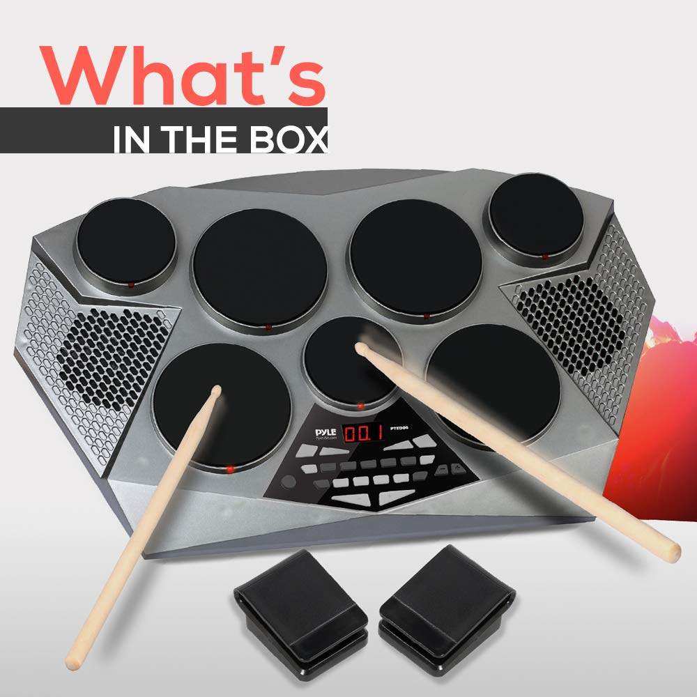 Pyle Pro Electronic Drum kit - Portable Electric Tabletop Drum Set Machine with Digital Panel, 7 Drum Pad, Hi-Hat / Kick Bass Pedal Controller USB AUX -Tom Toms, Hi-Hat, Snare Drums, Cymbals - PTED06