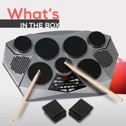 Pyle Pro Electronic Drum kit - Portable Electric Tabletop Drum Set Machine with Digital Panel, 7 Drum Pad, Hi-Hat / Kick Bass Pedal Controller USB AUX -Tom Toms, Hi-Hat, Snare Drums, Cymbals - PTED06