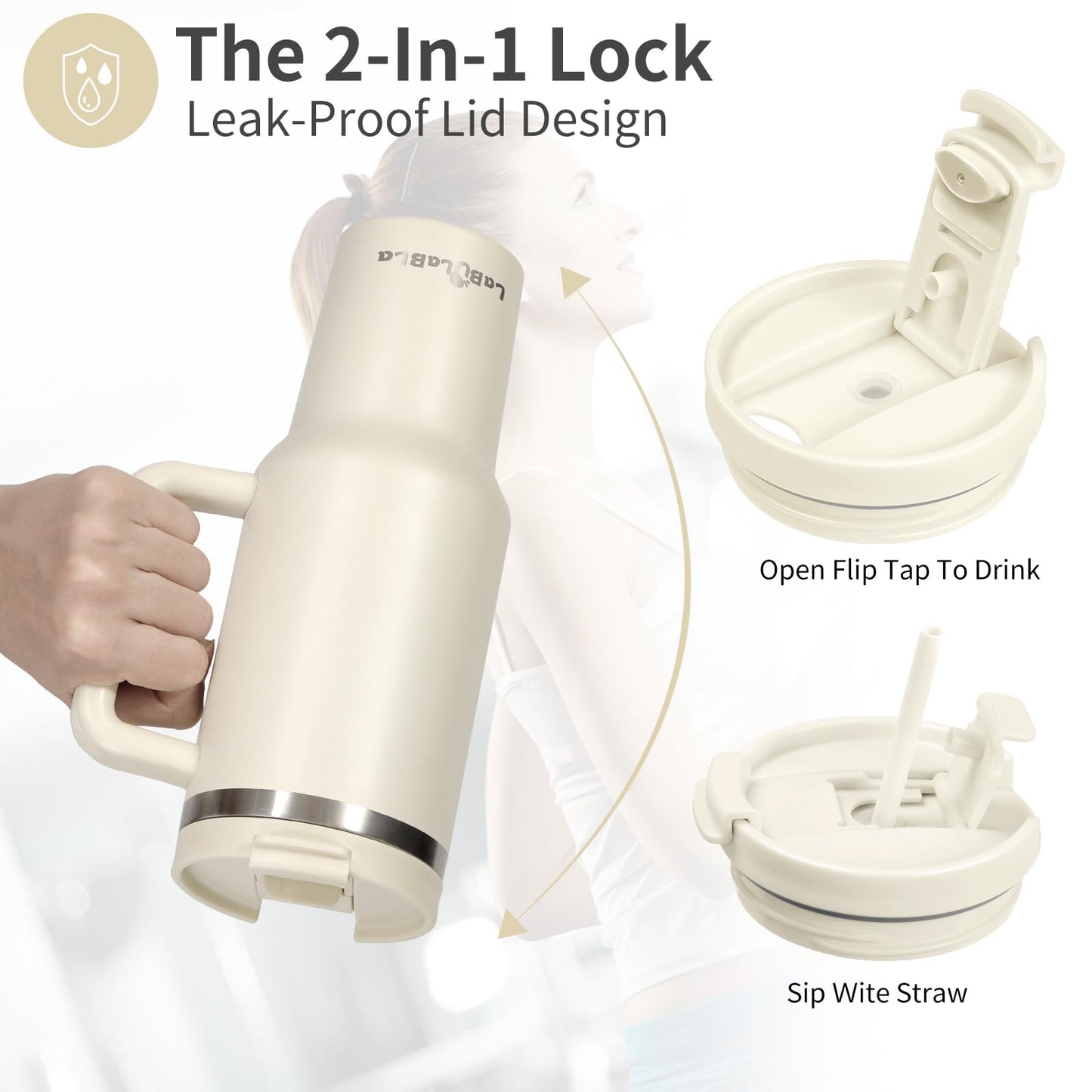 Labulabla 40oz Tumbler with Handle,Double Wall Vacuum Reusable Stainless Steel Insulated Water Bottle,With Leak Proof lid and Straw for Iced or Cold Beverages (Beige)