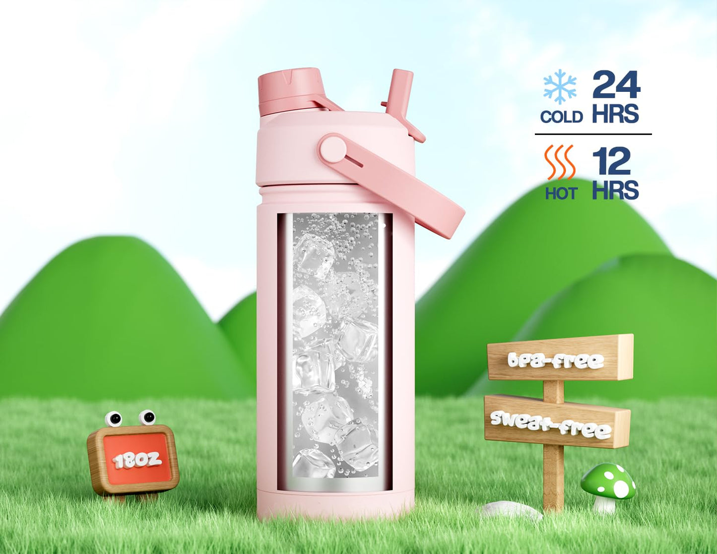 POWCAN 18 oz Insulated Water Bottle with 2-in-1 Straw and Spout Lid, Keep Cold 24H, Leak-Proof, Fits in Car Cup Holder, Stainless Steel Water Bottle for Sports, Travel, and School (Cotton Candy)