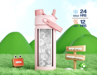 POWCAN 18 oz Insulated Water Bottle with 2-in-1 Straw and Spout Lid, Keep Cold 24H, Leak-Proof, Fits in Car Cup Holder, Stainless Steel Water Bottle for Sports, Travel, and School (Cotton Candy)