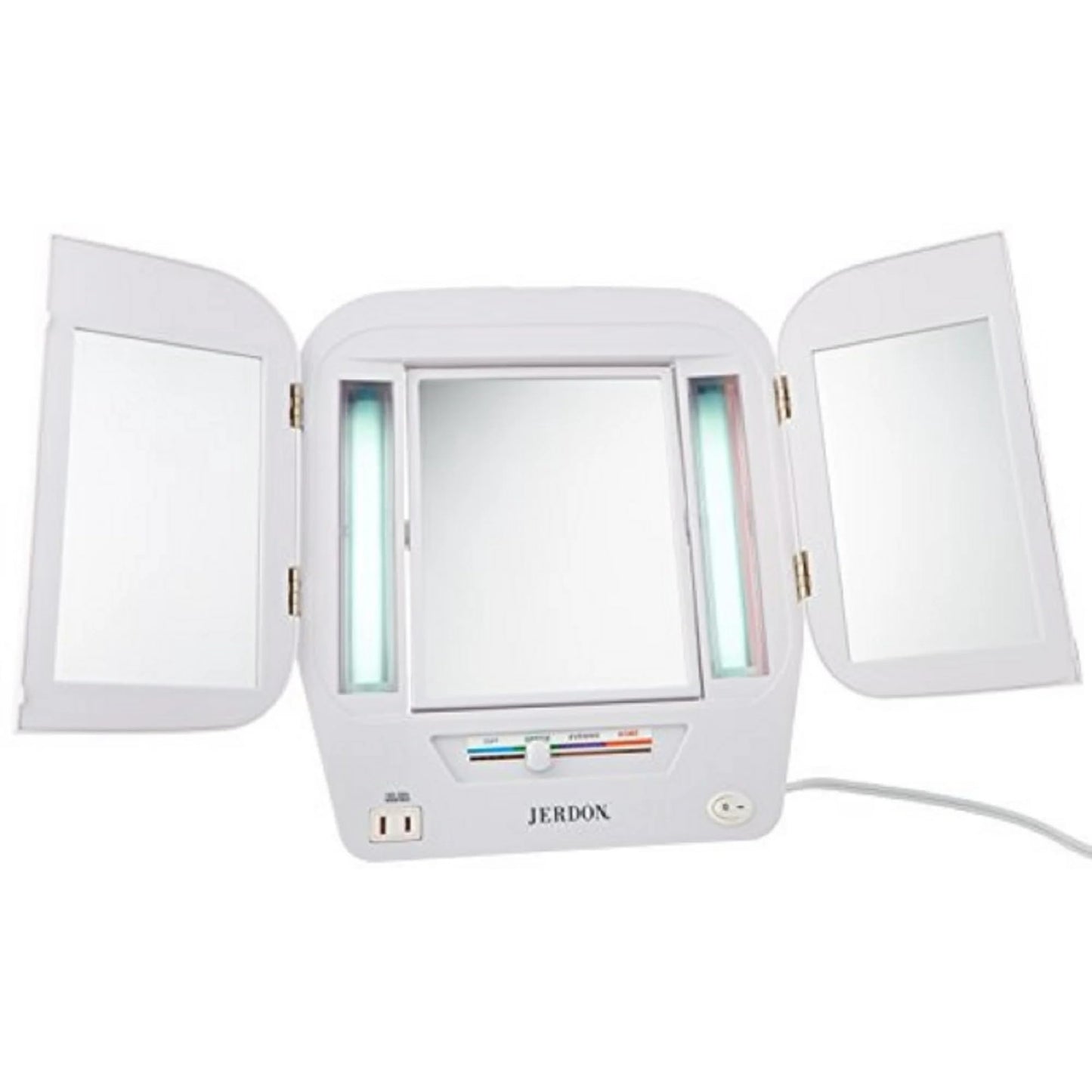JERDON Modern Tri-Fold Makeup Mirror with Lights - Vanity Mirror with 5X Magnification & Multiple Light Settings - White Base - Model JGL10W