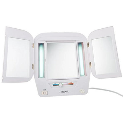 JERDON Modern Tri-Fold Makeup Mirror with Lights - Vanity Mirror with 5X Magnification & Multiple Light Settings - White Base - Model JGL10W