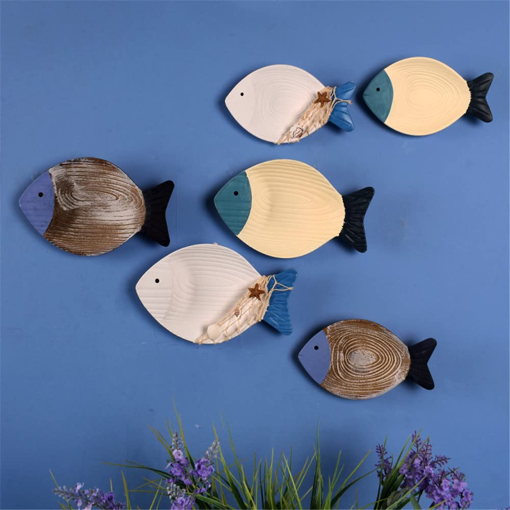 OECECR 2Pcs Wood Fish Nautical Beach Wall Decor, Wooden Hanging Coastal Wall Art Decor for Home, Lake House, Ocean Bathroom Decor - Blue