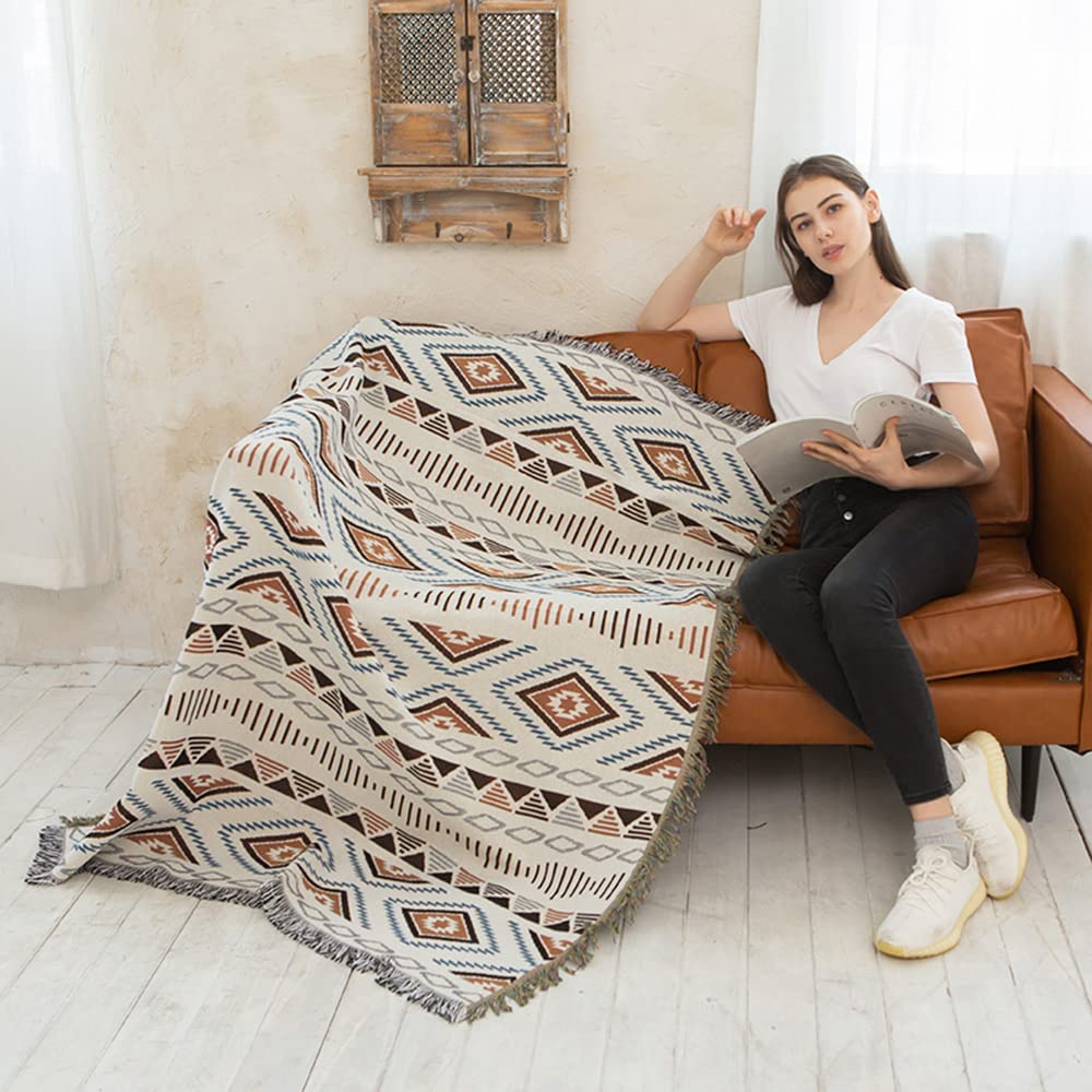 Lqprom Boho Throw Blankets Knit Bed Blankets with Tassel Aztec Western Throws Cover Farmhouse Decor for All Season Sofa Couch Chair Outdoor Camping Picnic Tent Beach Car Traveling 51"x63"