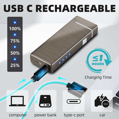 LcFun Electric USB Rechargeable Lighter Windproof Flamesless Plasma Dual Arc Lighter Small Metal Pocket Lighters for Candle, Camping Stocking Stuffers Gifts for Men (Nickel Brushed)
