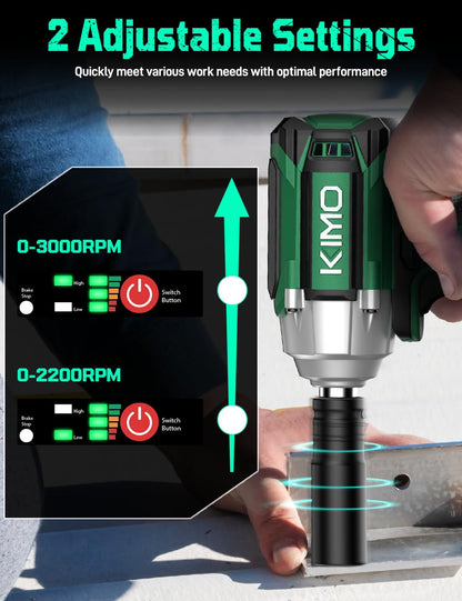 KIMO Impact Wrench 1/2, Max Torque 406ft-lbs (550N.m) & 3000RPM /Premium Brake Stop, 9-Piece Drill & Serewdriver Set, 4 Sockets, Cordless Impact Wrench with 4000mAh Battery, Impact Driver for CarTires