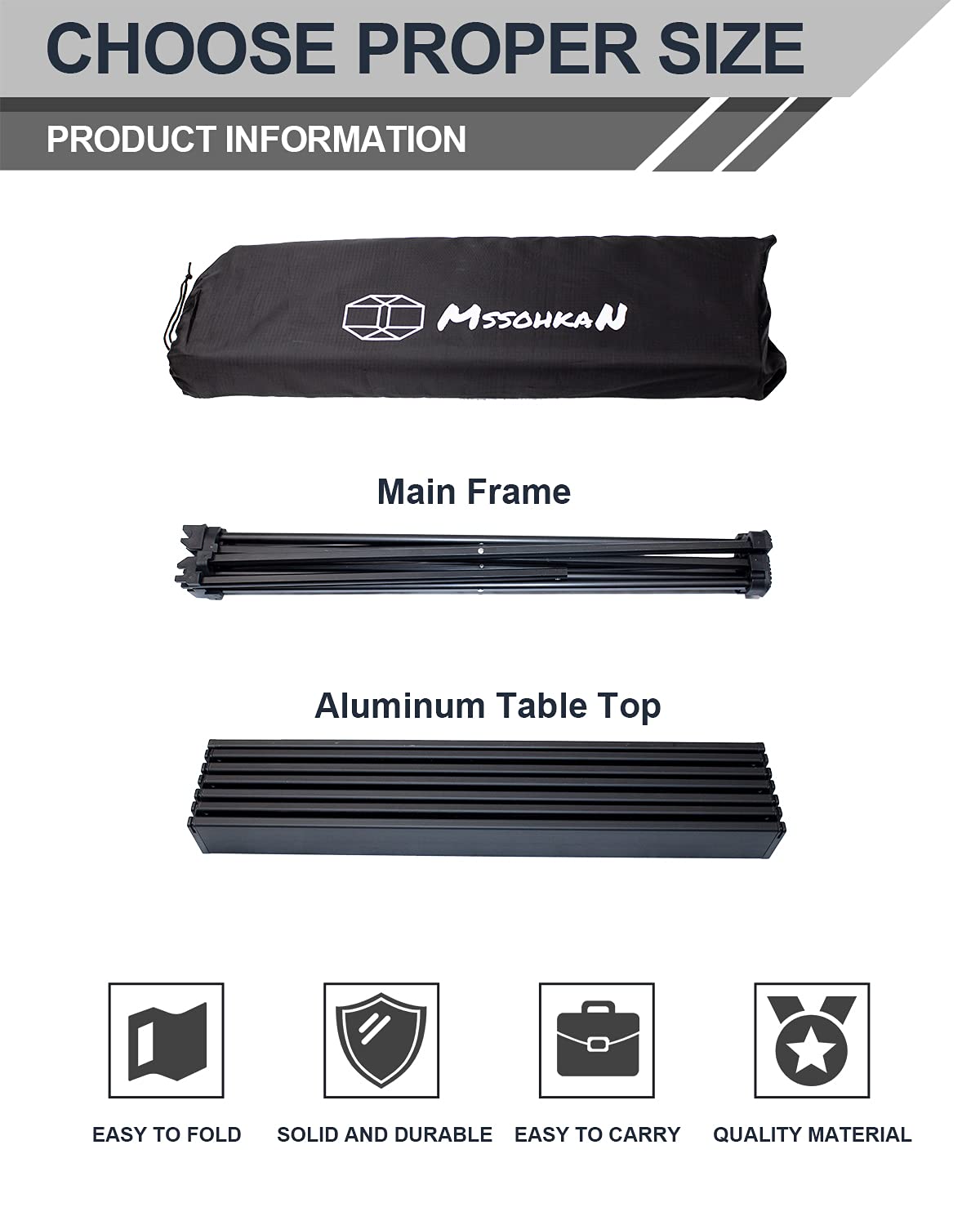 MSSOHKAN Camping Table Folding Portable Camp Side Table Aluminum Lightweight Carry Bag Beach Outdoor Hiking Picnics BBQ Cooking Dining Kitchen Black Large