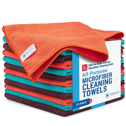 MW Pro Microfiber Cleaning Cloth | Black Gray Blue | 12 Pack | 16” x 16” | All Purpose Microfiber Towels - Clean, Dust, Polish, Scrub, Absorbent