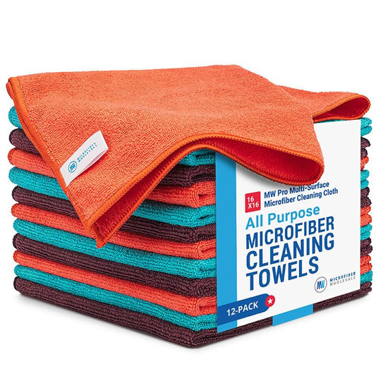 MW Pro Microfiber Cleaning Cloth | Black Gray Blue | 12 Pack | 16” x 16” | All Purpose Microfiber Towels - Clean, Dust, Polish, Scrub, Absorbent