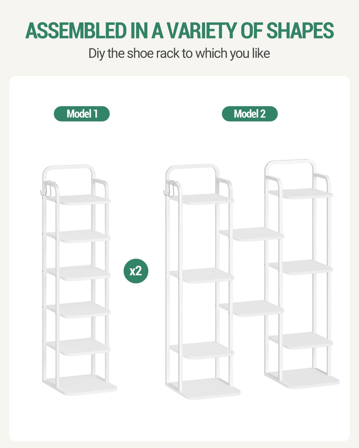 Hzuaneri 6 Tiers Vertical Shoe Rack, Narrow Shoe Tower, Tall Shoes Shelf with 2 Hooks, Adjustable Shelves, Corner Shoes Shelves for Small Spaces, Entryway, Living Room, White SR04213W