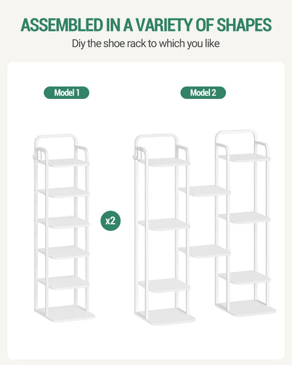 Hzuaneri 6 Tiers Vertical Shoe Rack, Narrow Shoe Tower, Tall Shoes Shelf with 2 Hooks, Adjustable Shelves, Corner Shoes Shelves for Small Spaces, Entryway, Living Room, White SR04213W