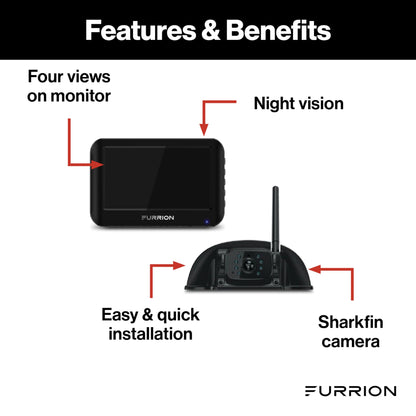 Furrion Vision S Wireless RV Backup Camera System with 4.3-Inch Monitor, 1 Rear Sharkfin, Infrared Night Vision, Wide-Angle View, Hi-Res, IP65 Waterproof, Motion Detection, Microphone - FOS43TASF