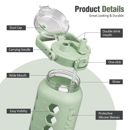 MUKOKO Half Gallon/64 oz Glass Water Bottles with Straw and Lid,Motivational Water Jug with Time Marker Reminder and Silicone Sleeve,100% Leakproof BPA Free Fitness Sports Large Bottle-Green