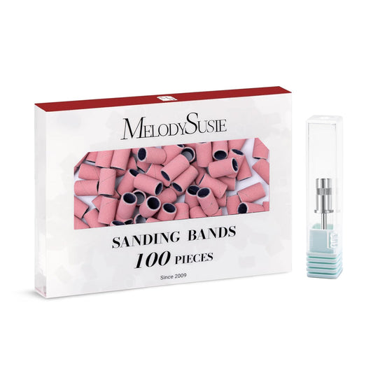 MelodySusie 100 Pcs Nail Drill Bits Sanding Bands for Nail Drill 180 Fine Grit Nail File Sanding Bands for Acrylic Nails Gel Manicures and Pedicure