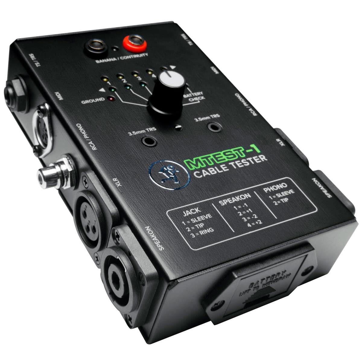 Mackie Cable Tester, 5-way switch Battery-Powered Connector Test, Black, (MTest-1)