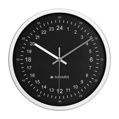 Navaris 24 Hour Wall Clock - 11.8" Analog Military Time Clock with Silent Movement Non-Ticking Hands - Battery Operated - Silver Frame with Black Face