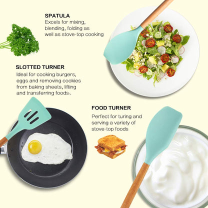 MIBOTE Silicone Cooking Kitchen Utensils Set with Holder, Wooden Handles Cooking Tool BPA Free Turner Tongs Spatula Spoon Kitchen Gadgets Set for Nonstick Cookware (Teal)