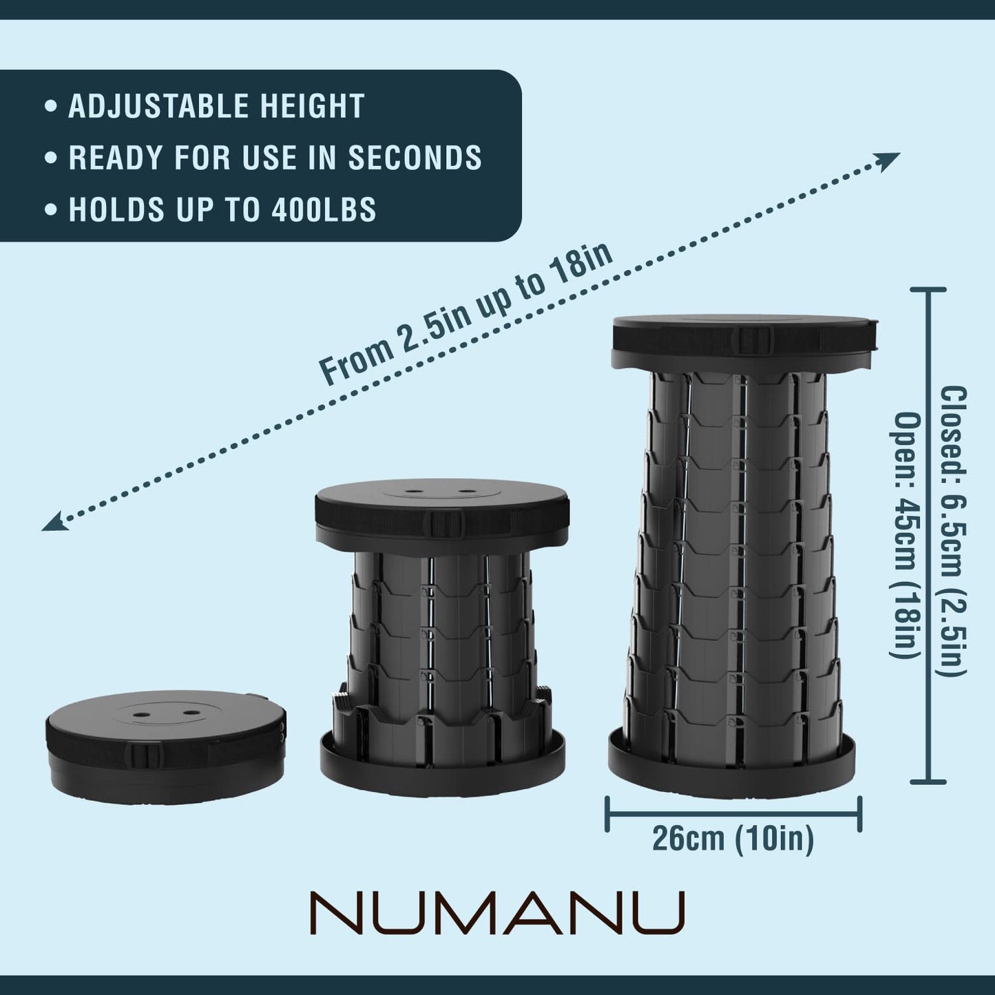 NUMANU Collapsible Stool 2-Pack - Upgraded Portable Folding Stool, Height Adjustable, Lightweight & Sturdy, Retractable Telescoping Camping Pop Up Seat Chair or Foldable Travel Footrest - Max 400lbs