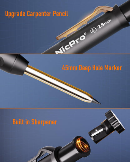 Nicpro 31 Pack Carpenter Pencil Set with Sharpener, Mechanical Carpenter Pencils with 128PCS Refills and Carbide Scribe Tool, Heavy Duty Construction Pencils for Architect Woodworking-With Canvas Case