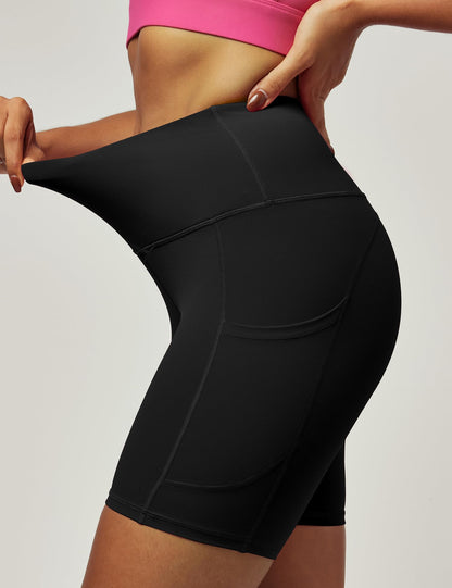 IUGA Biker Shorts Women 6" Tummy Control Workout Shorts Women with Pockets High Waisted Yoga Running Gym Spandex Compression Black