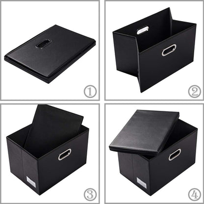PRANDOM Collapsible Storage Bins with Lids [3-Pack] Leather Fabric Foldable Storage Boxes Organizer Containers Baskets Cube with Cover for Bedroom Closet Office Nursery Black (14.9x10.8x10)