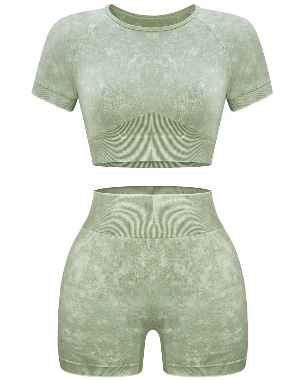 OLCHEE Womens Workout Sets 2 Piece - Seamless Acid Wash Yoga Outfits Leggings Shorts and Crop Top Matching Gym Activewear Athletic Clothing Set - Green Small