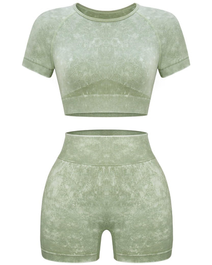 OLCHEE Womens Workout Sets 2 Piece - Seamless Acid Wash Yoga Outfits Leggings Shorts and Crop Top Matching Gym Activewear Athletic Clothing Set - Green Small